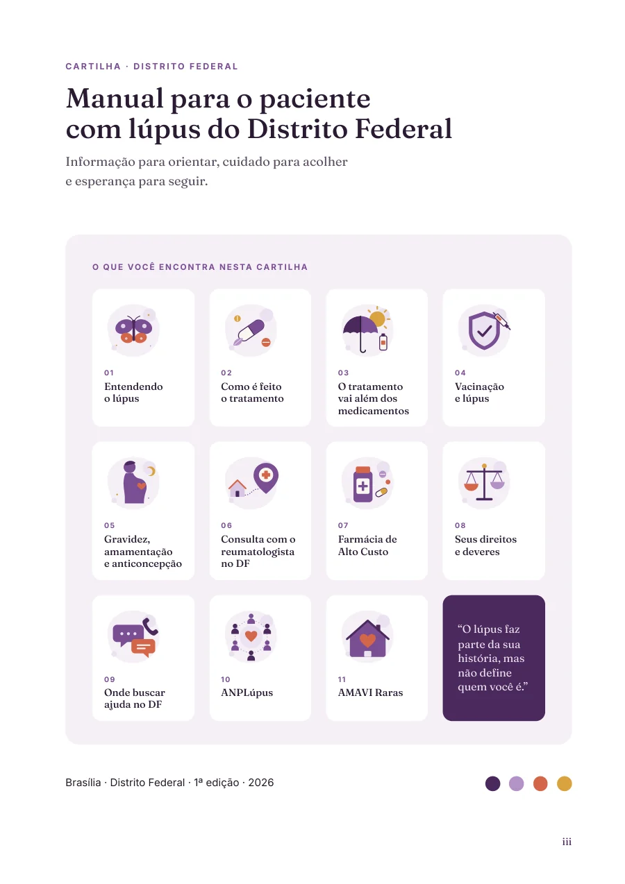 Primeira página da cartilha, com a frase Informação para orientar, cuidado para acolher e esperança para seguir, e a lista dos onze capítulos.