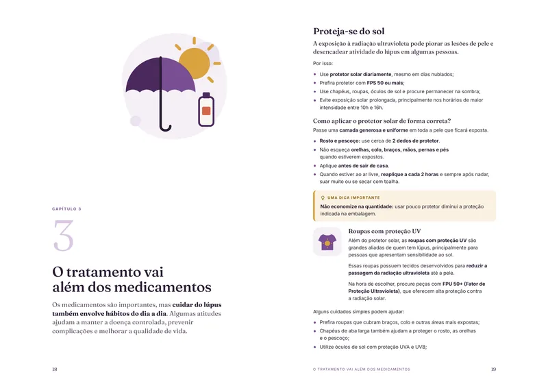 Páginas da cartilha: abertura do capítulo 3, O tratamento vai além dos medicamentos, e a seção Proteja-se do sol.