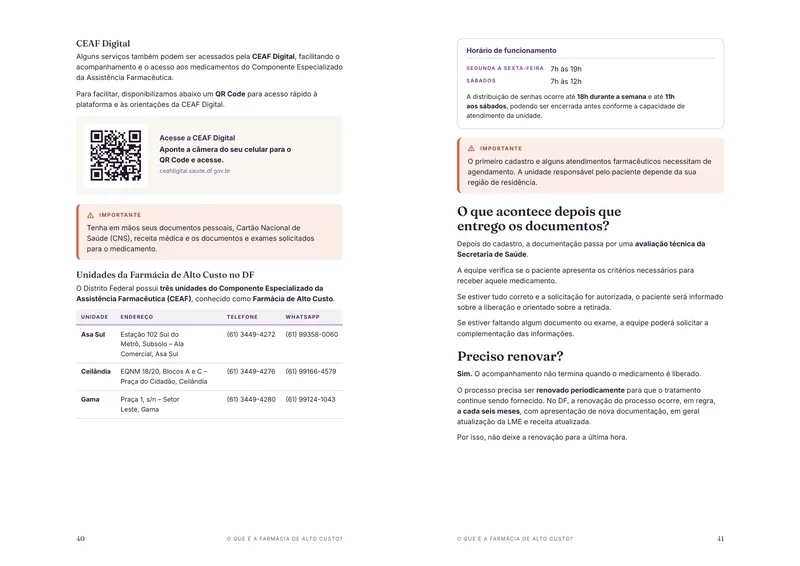 Páginas da cartilha sobre a Farmácia de Alto Custo, com QR Code do CEAF Digital e a tabela das unidades no DF.
